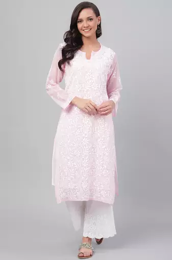 Hand Embroidered Baby Pink Georgette Lucknowi Chikankari Indian Women Straight Kurta With Slip