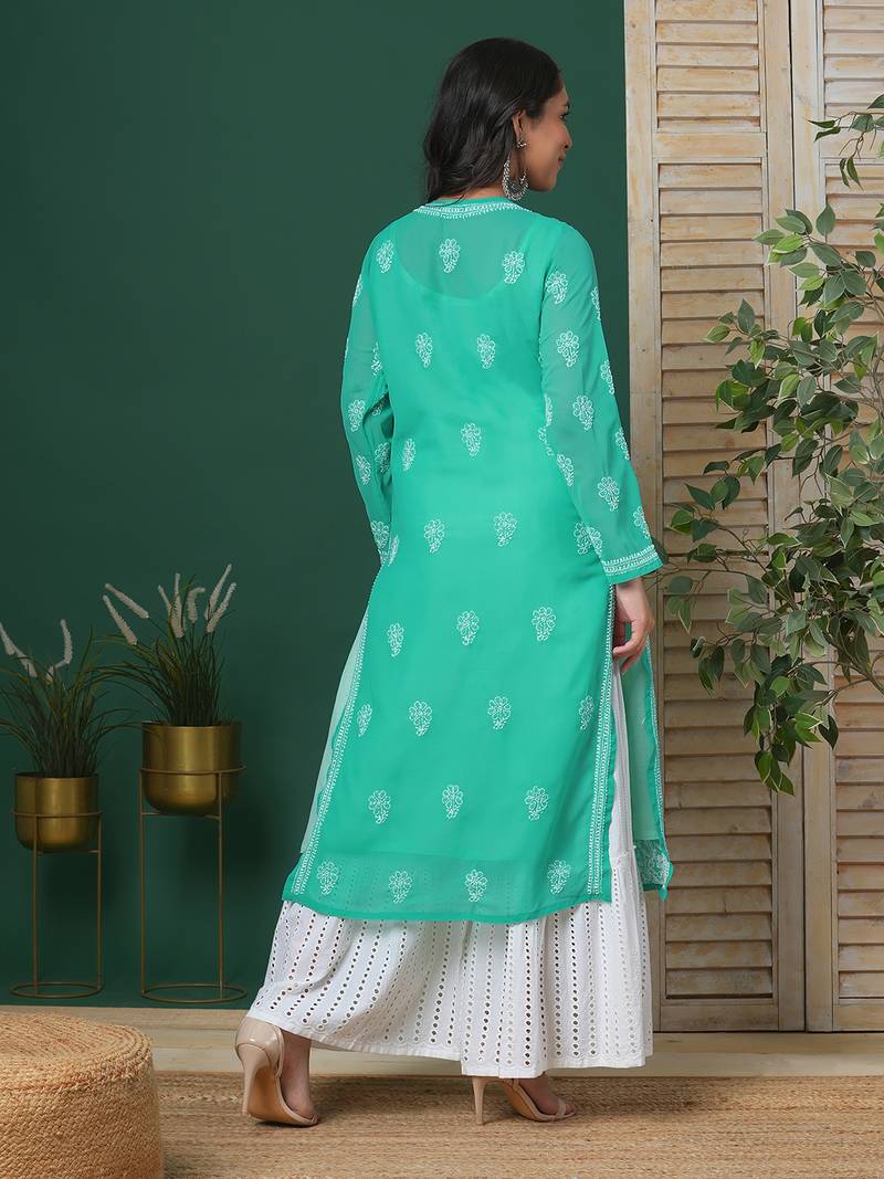 Hand Embroidered Sea Green Georgette Lucknowi Chikankari Indian Women Straight Kurta