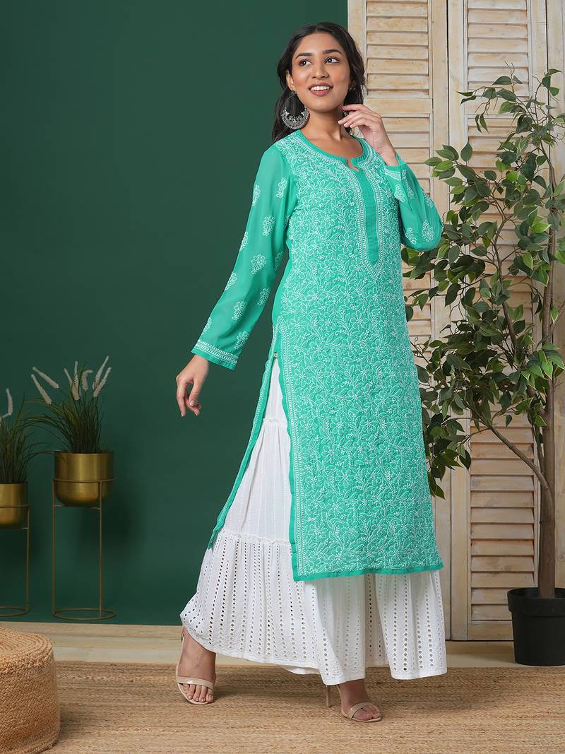Hand Embroidered Sea Green Georgette Lucknowi Chikankari Indian Women Straight Kurta