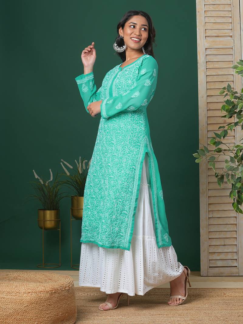 Hand Embroidered Sea Green Georgette Lucknowi Chikankari Indian Women Straight Kurta