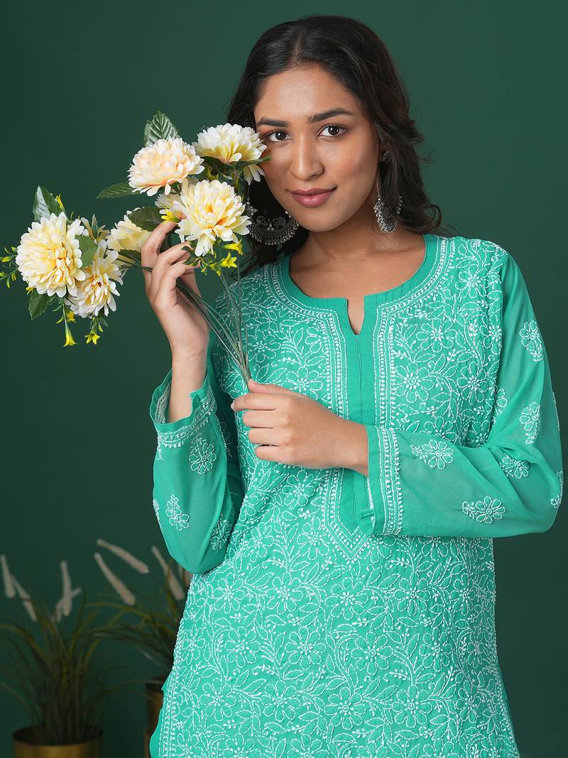 Hand Embroidered Sea Green Georgette Lucknowi Chikankari Indian Women Straight Kurta