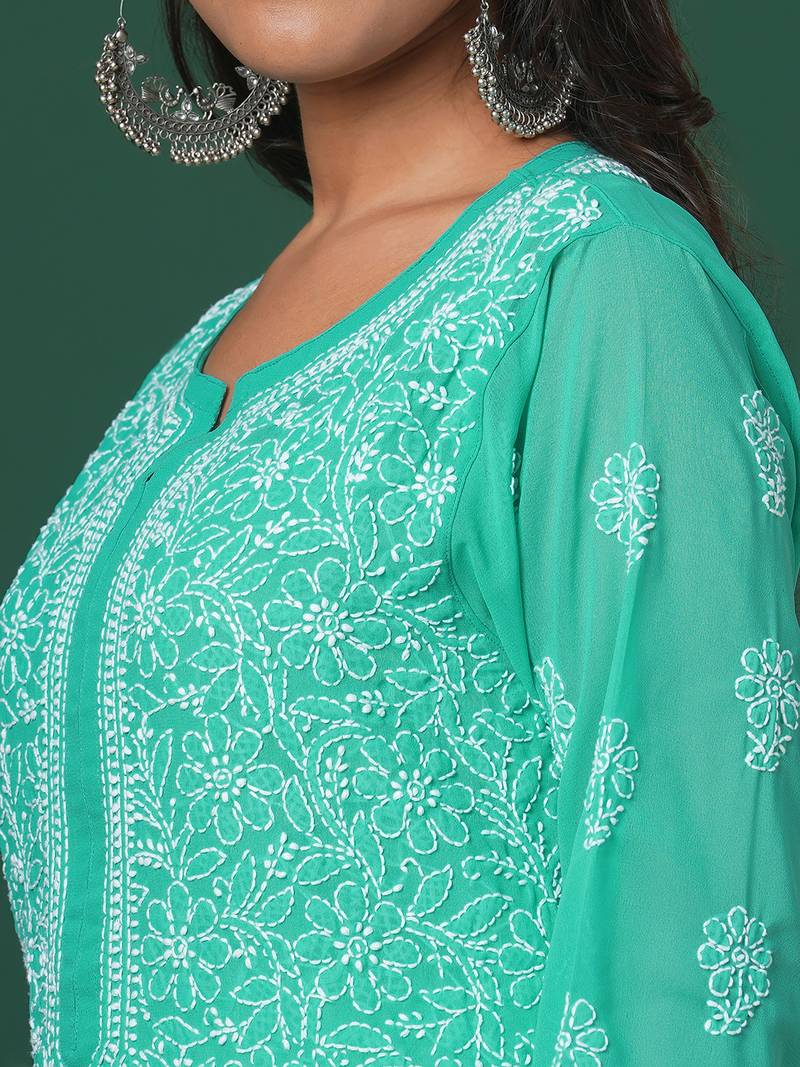 Hand Embroidered Sea Green Georgette Lucknowi Chikankari Indian Women Straight Kurta