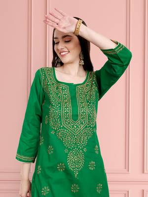 Hand Embroidered Green Cotton Lucknowi Chikankari Indian Women Straight Kurta 2