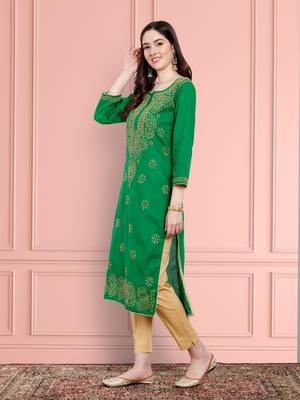 Hand Embroidered Green Cotton Lucknowi Chikankari Indian Women Straight Kurta 3