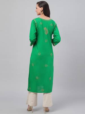 Hand Embroidered Green Cotton Lucknowi Chikankari Indian Women Straight Kurta 4