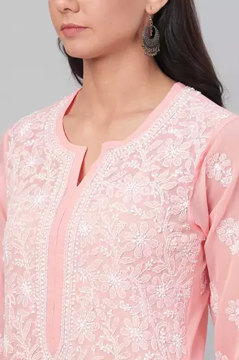Hand Embroidered Peach Georgette Lucknowi Chikankari Indian Women Straight Kurta