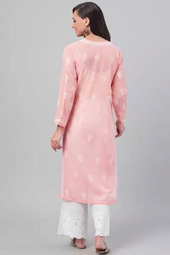 Hand Embroidered Peach Georgette Lucknowi Chikankari Indian Women Straight Kurta