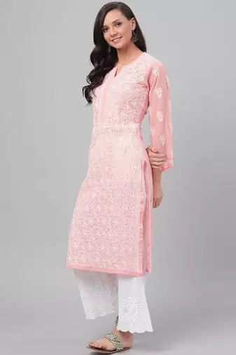 Hand Embroidered Peach Georgette Lucknowi Chikankari Indian Women Straight Kurta