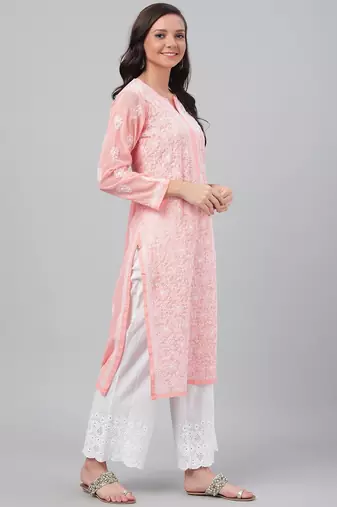 Hand Embroidered Peach Georgette Lucknowi Chikankari Indian Women Straight Kurta