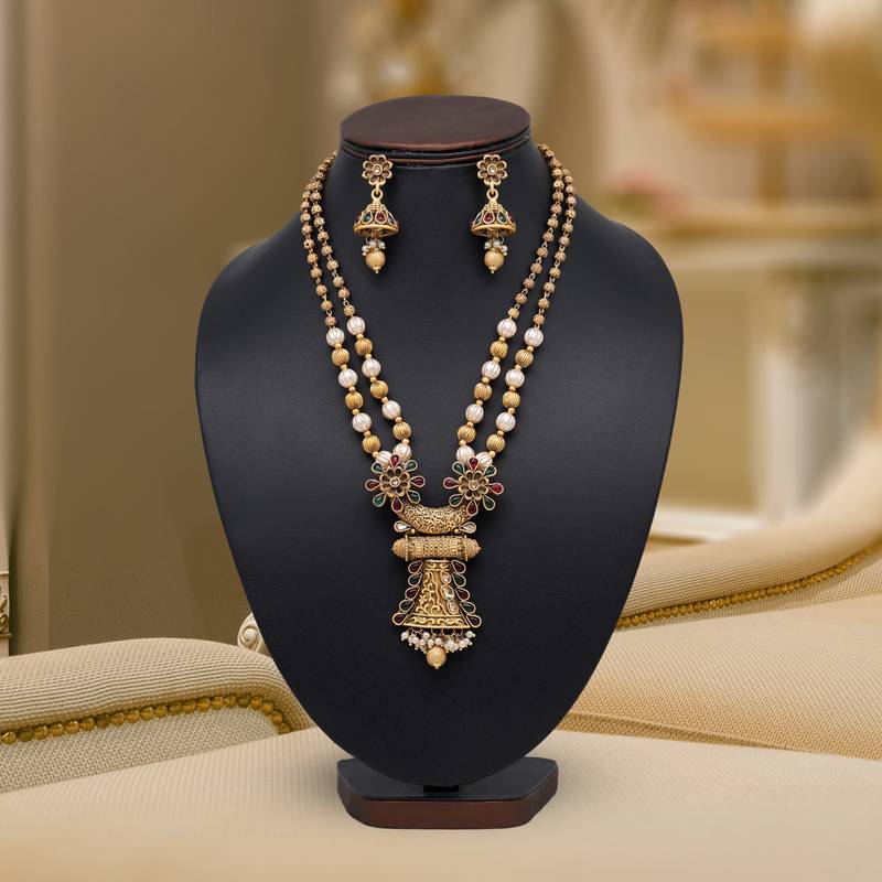 Rani green color long matte gold temple necklace set Jaipur