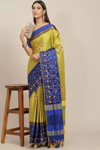 Serona fabrics women's cotton silk sequins embroidery work saree with blouse