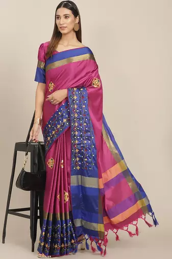 Serona fabrics women's cotton silk sequins embroidery work saree with blouse