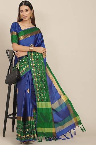 Serona fabrics women's cotton silk sequins embroidery work saree with blouse