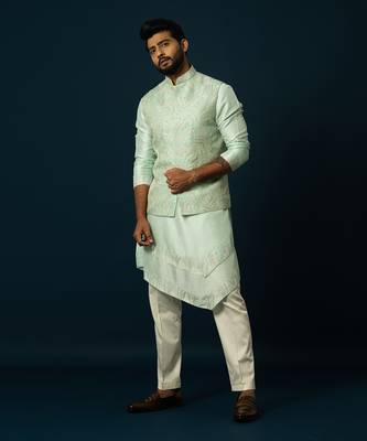 Seafoam firework layered kurta & nehru set 1