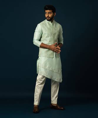Seafoam firework layered kurta & nehru set 2