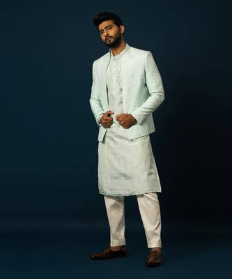 Paled turquoise awla work kurta & jacket set 1