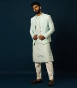 Paled turquoise awla work kurta & jacket set