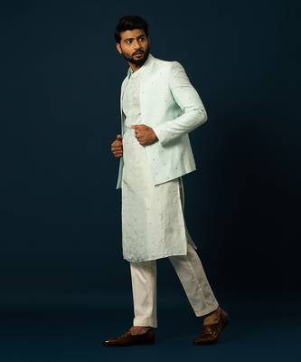 Paled turquoise awla work kurta & jacket set 2