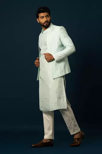 Paled turquoise awla work kurta & jacket set