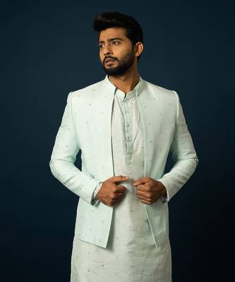 Paled turquoise awla work kurta & jacket set 3