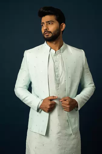Paled turquoise awla work kurta & jacket set