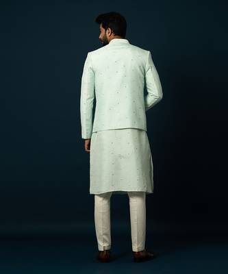 Paled turquoise awla work kurta & jacket set 5