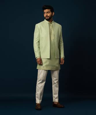 Spring green pintuck kurta jacket set 1