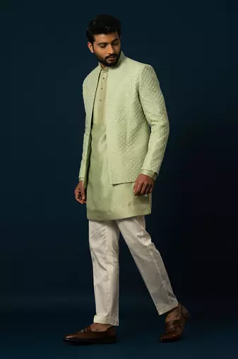 Spring green pintuck kurta jacket set