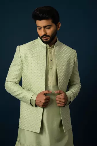 Spring green pintuck kurta jacket set
