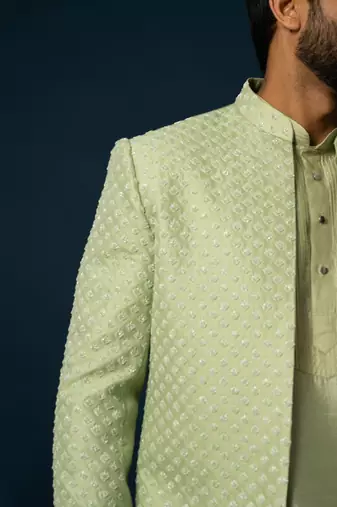 Spring green pintuck kurta jacket set