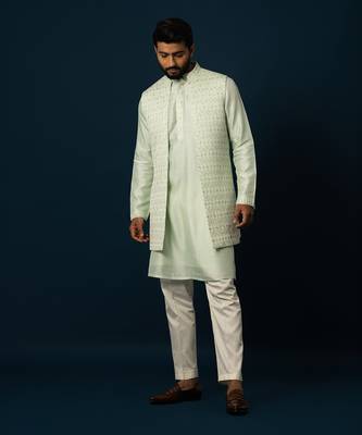 Powdery green stitch lines kurta nehru set 1