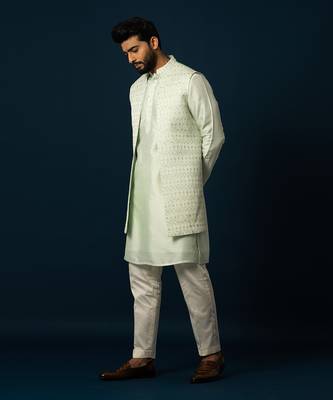 Powdery green stitch lines kurta nehru set 2