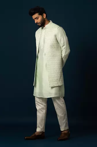 Powdery green stitch lines kurta nehru set