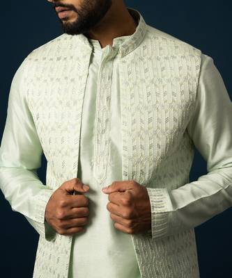 Powdery green stitch lines kurta nehru set 3