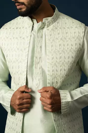 Powdery green stitch lines kurta nehru set
