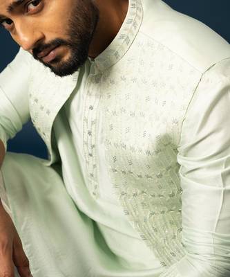 Powdery green stitch lines kurta nehru set 4