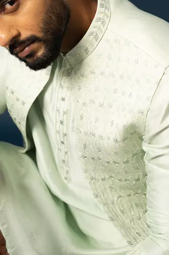 Powdery green stitch lines kurta nehru set