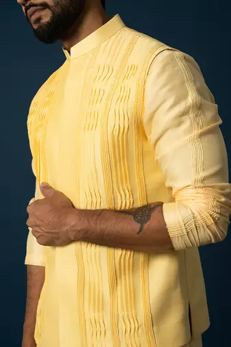 Lemon  kurta and smocked nehru set