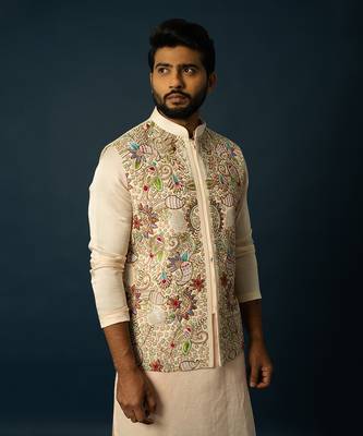 Fawn kurta with multicolour nehru set 2