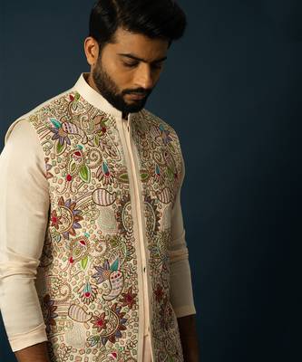 Fawn kurta with multicolour nehru set 3