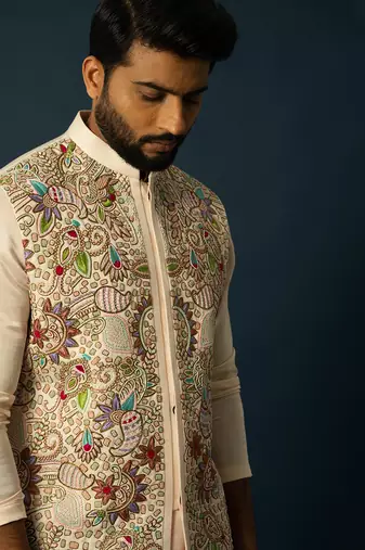 Fawn kurta with multicolour nehru set
