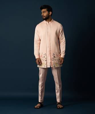 Light titian floral kurta & long jacket set 1