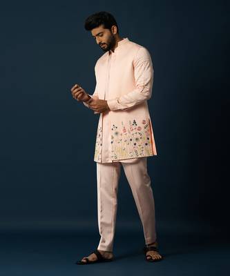 Light titian floral kurta & long jacket set 2