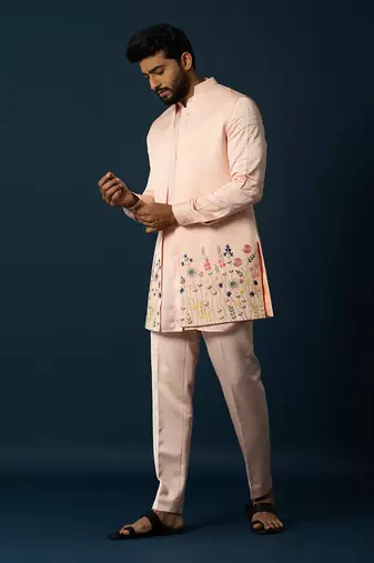 Light titian floral kurta & long jacket set