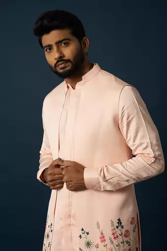 Light titian floral kurta & long jacket set