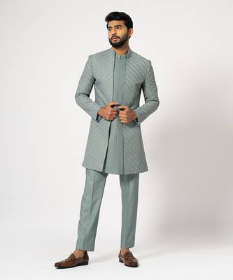 Dove grey double panelled short achkan set 1