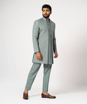 Dove grey double panelled short achkan set 2