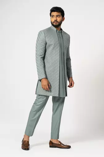 Dove grey double panelled short achkan set