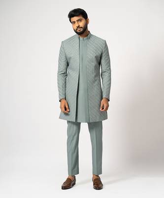 Dove grey double panelled short achkan set 3