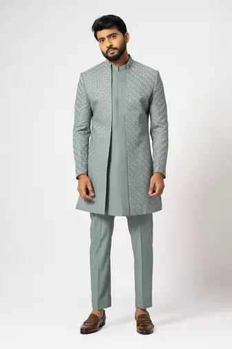 Dove grey double panelled short achkan set